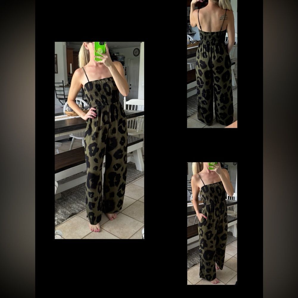 Dizzy Lizzy Black & Olive Leopard Print Cami Strap Wide Leg Smocked Jumpsuit